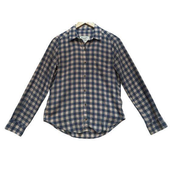 Abercrombie & Fitch Womens Long Sleeves Button Up Shirt Size M Blue Beige Plaid - Picture 1 of 10